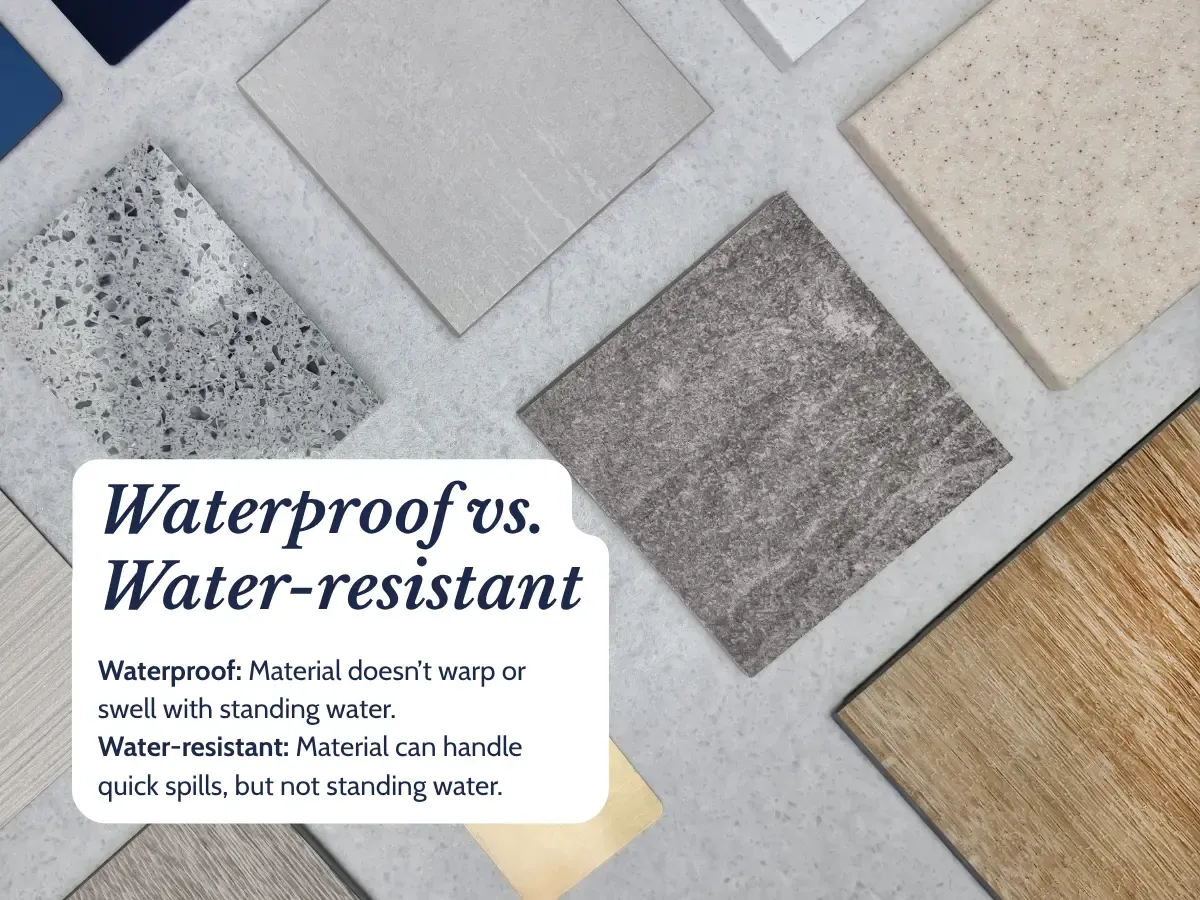 Comparison of waterproof and water resistant tiles, highlighting their features and differences for flooring choices.