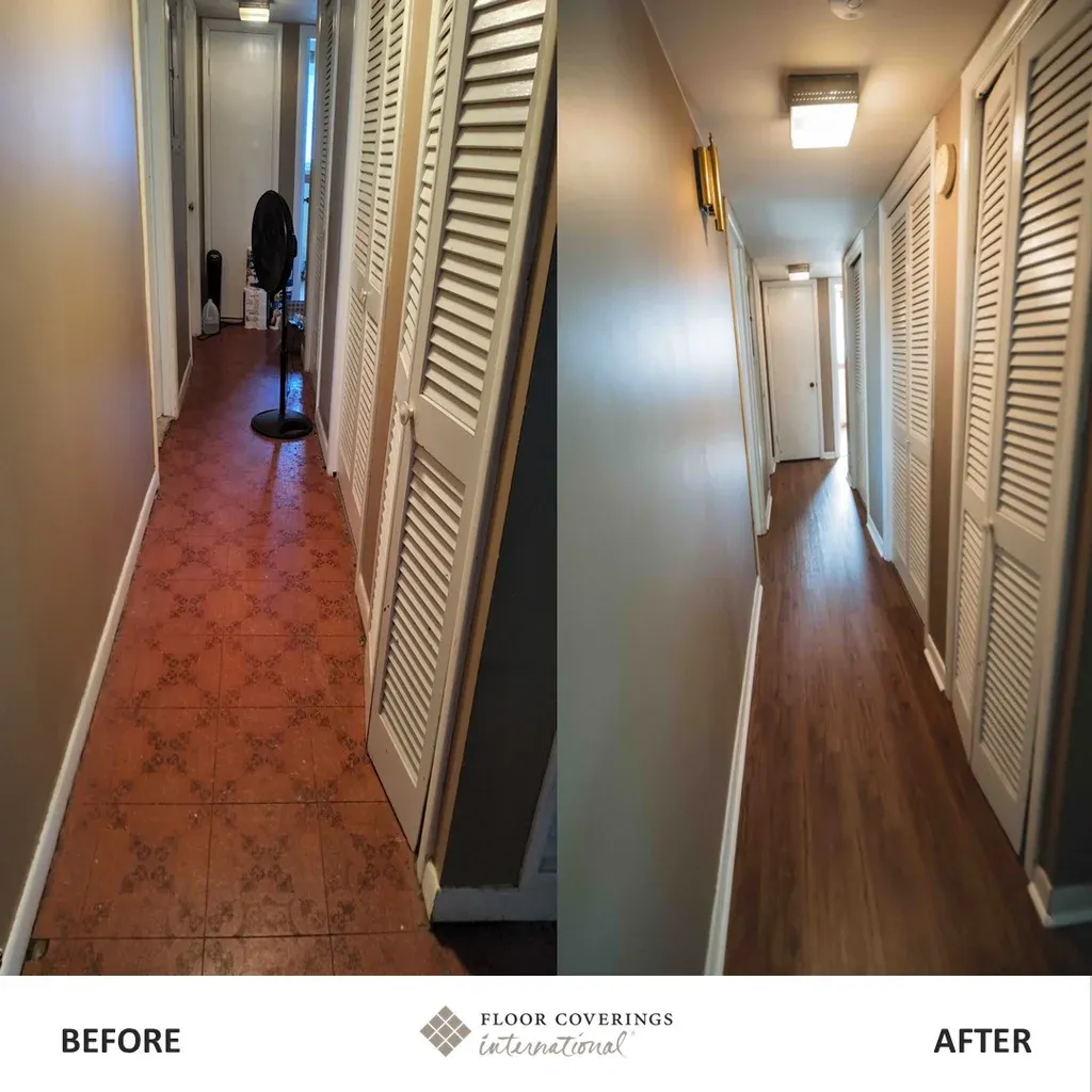 Comparison photos of wood flooring installation, showing the space before and after in Greater Panama City, FL.