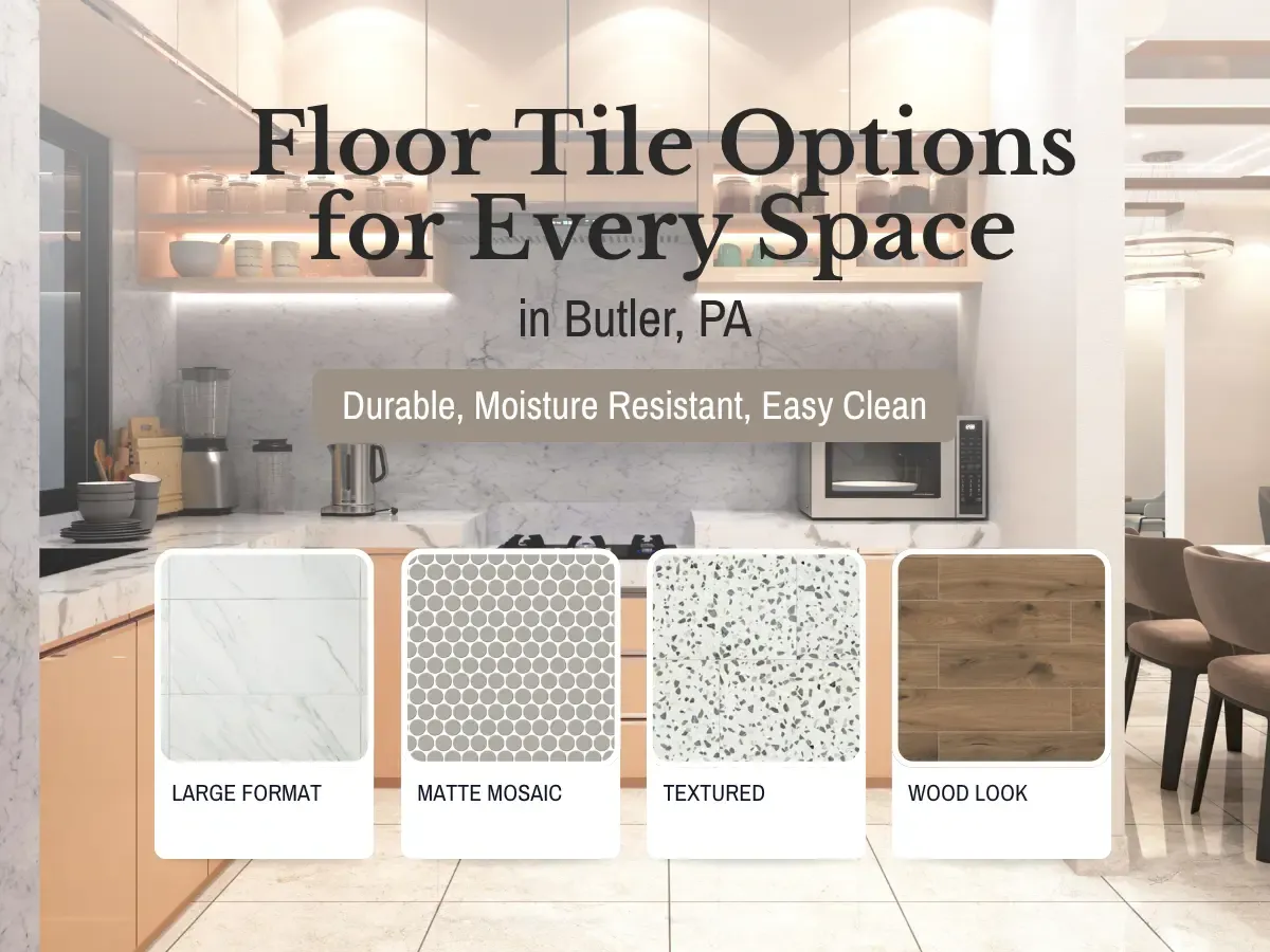 An assortment of floor tiles designed for home use, featuring multiple styles and finishes for every room's aesthetic.