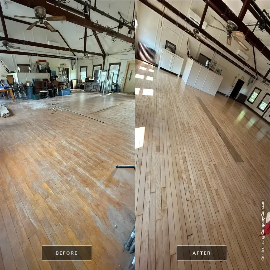 Before and after images showcasing the transformation of hardwood flooring restoration, highlighting improved shine and color.