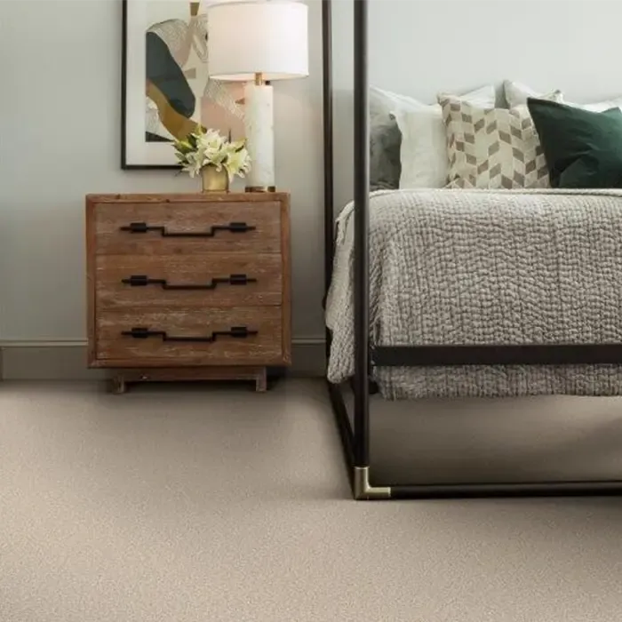 A well appointed bedroom with soft beige carpeting and a comfortable bed, ideal for relaxation and rest.