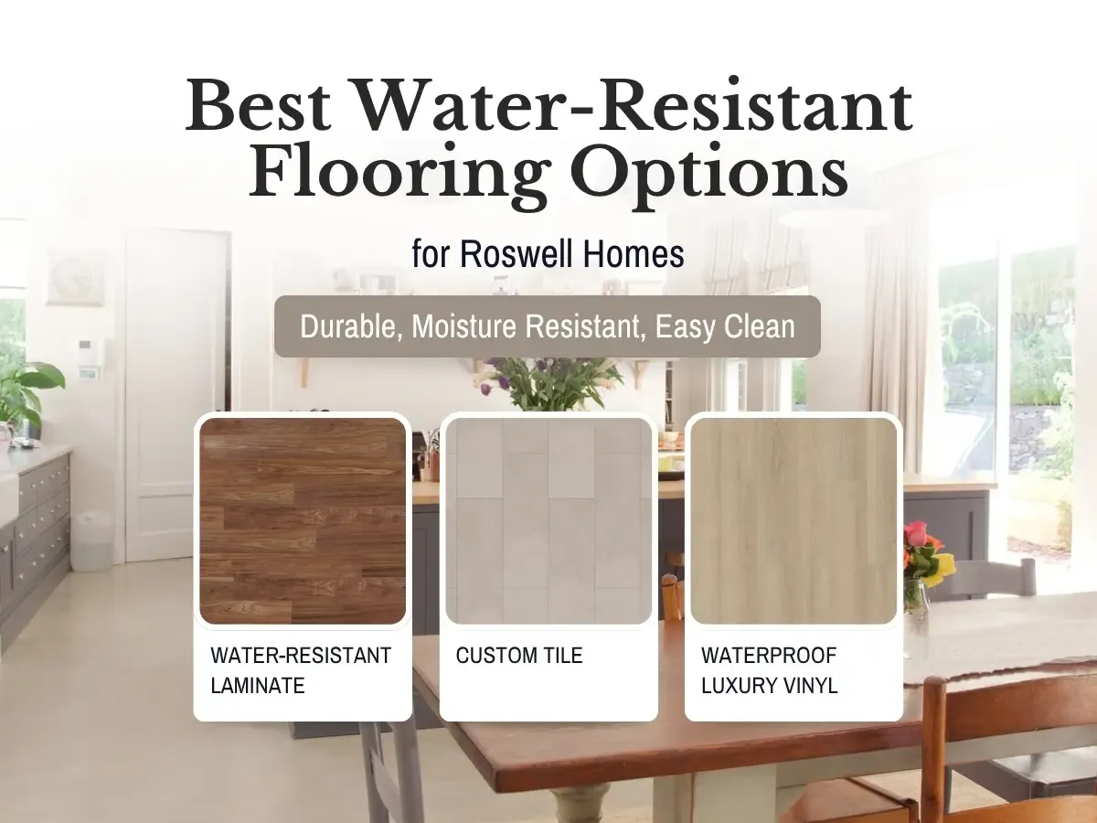A collage showcasing various water resistant flooring options, including tiles, vinyl, and laminate samples