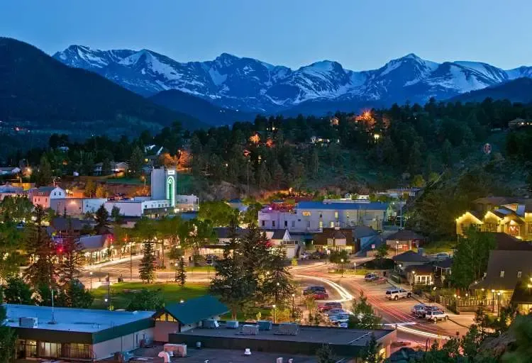 Aerial image of snow covered downtown Longmont, CO, provided by Visit Longmont Colorado.
