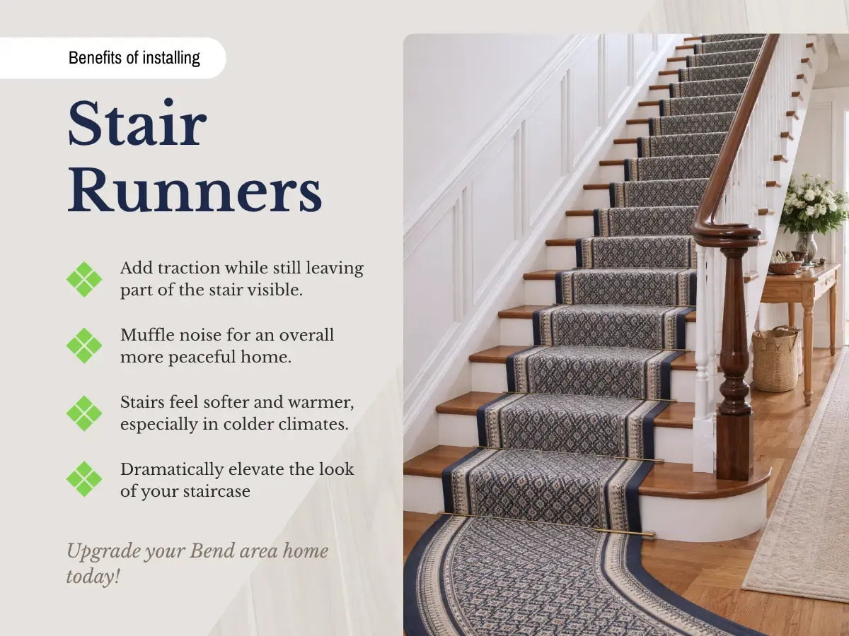  A decorative stair runner with a blue and white design, adding style to the staircase.