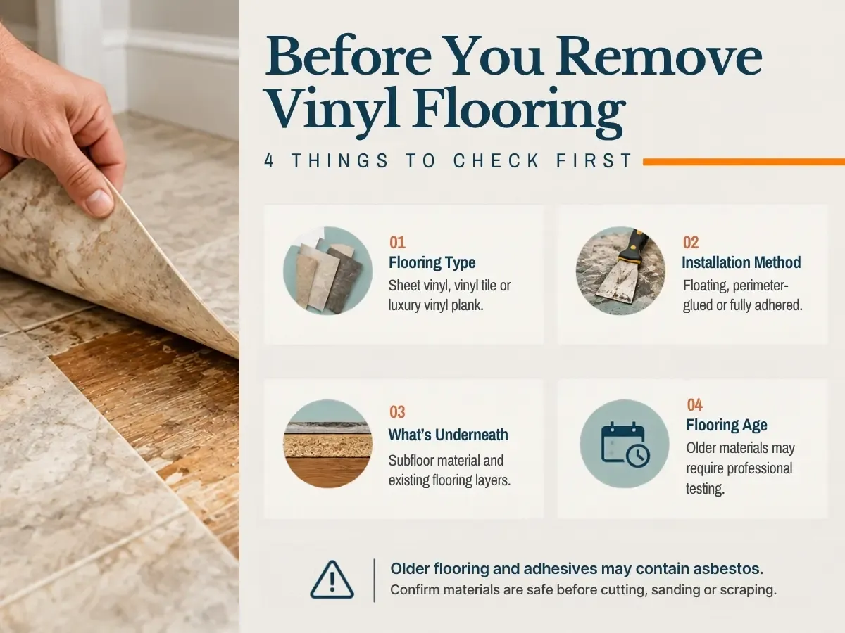 Checklist of four essential considerations before removing vinyl flooring, including tools and subfloor condition.