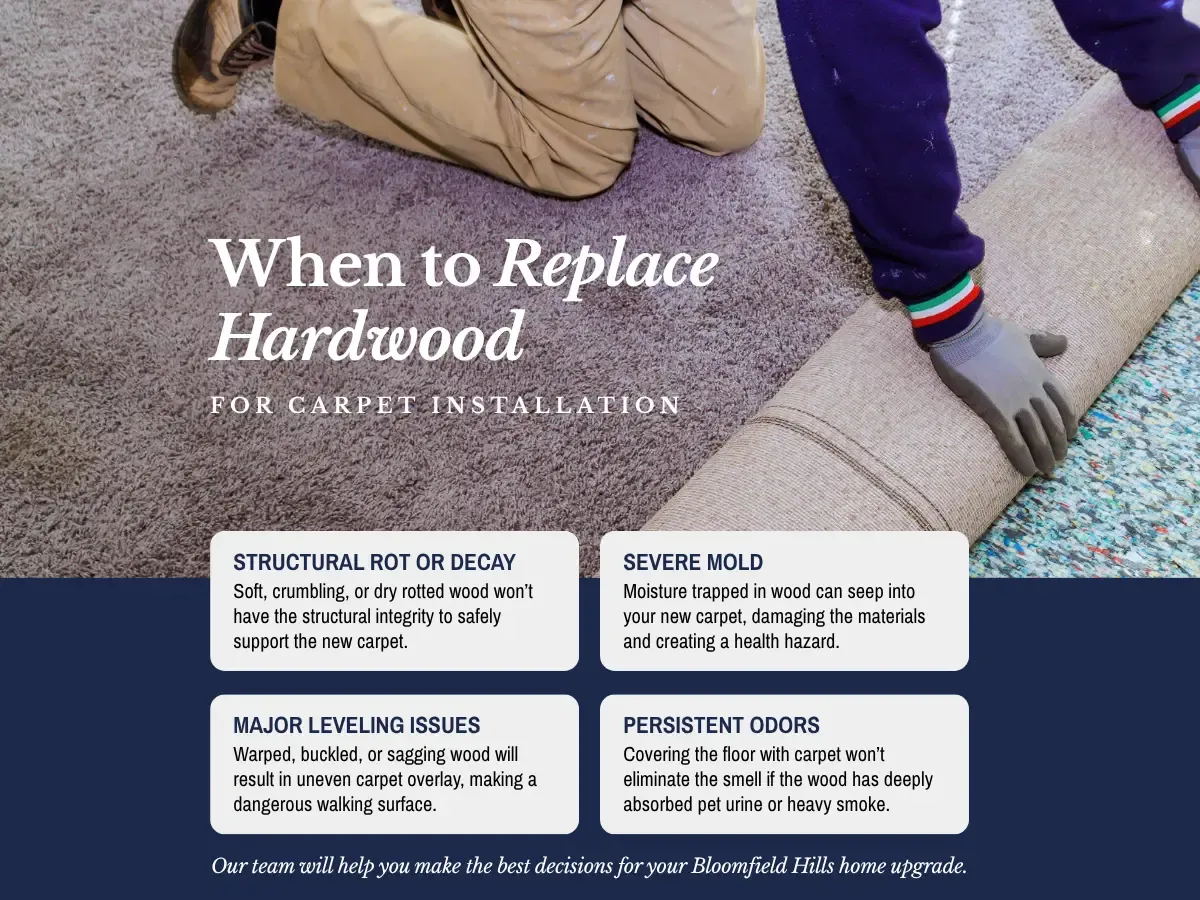 A side by side comparison of damaged hardwood and new flooring samples, illustrating the decision to replace.