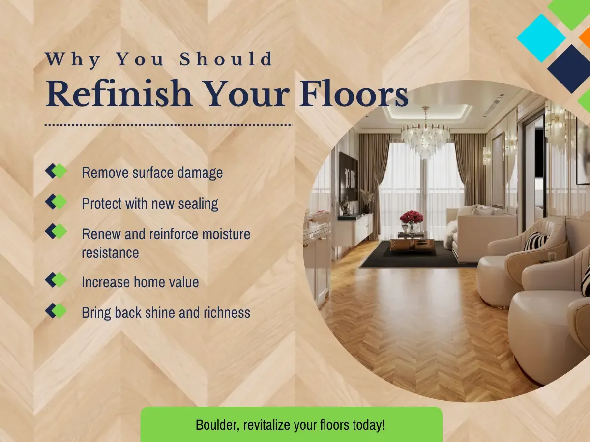 A close up of a refinished floor highlighting its smooth surface and rich color, promoting the value of floor maintenance.