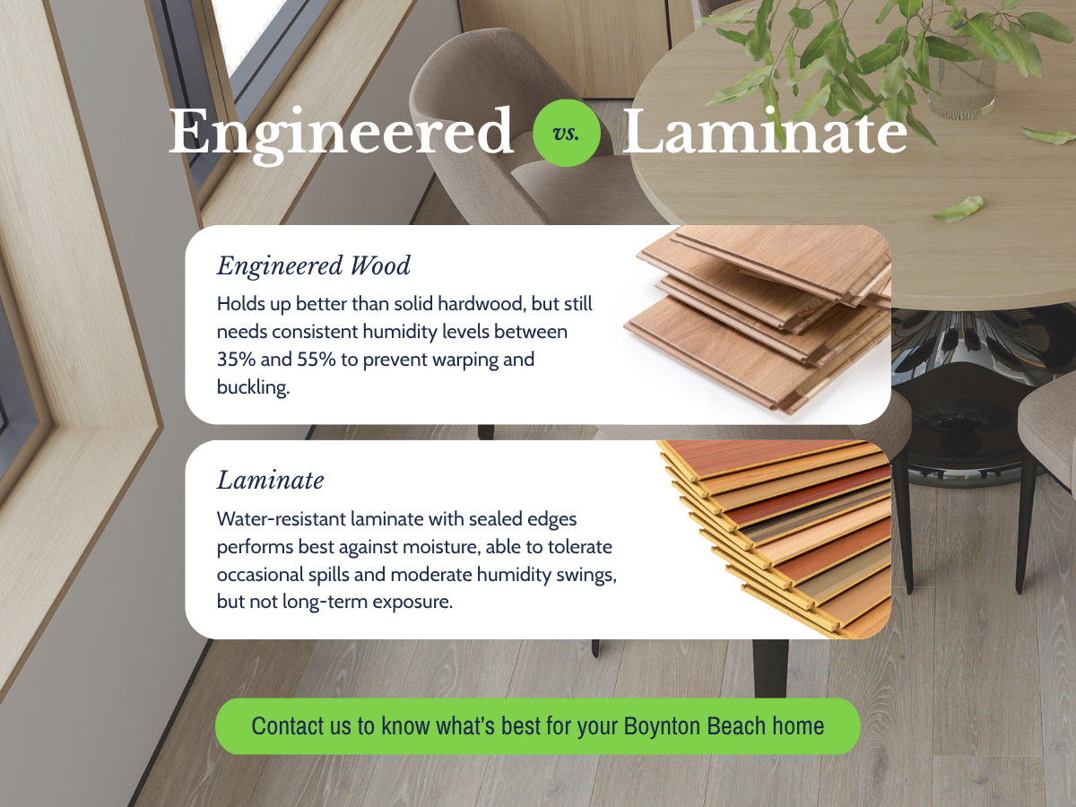 Comparison of engineered and laminate flooring options suitable for Florida homes, highlighting durability and aesthetics.