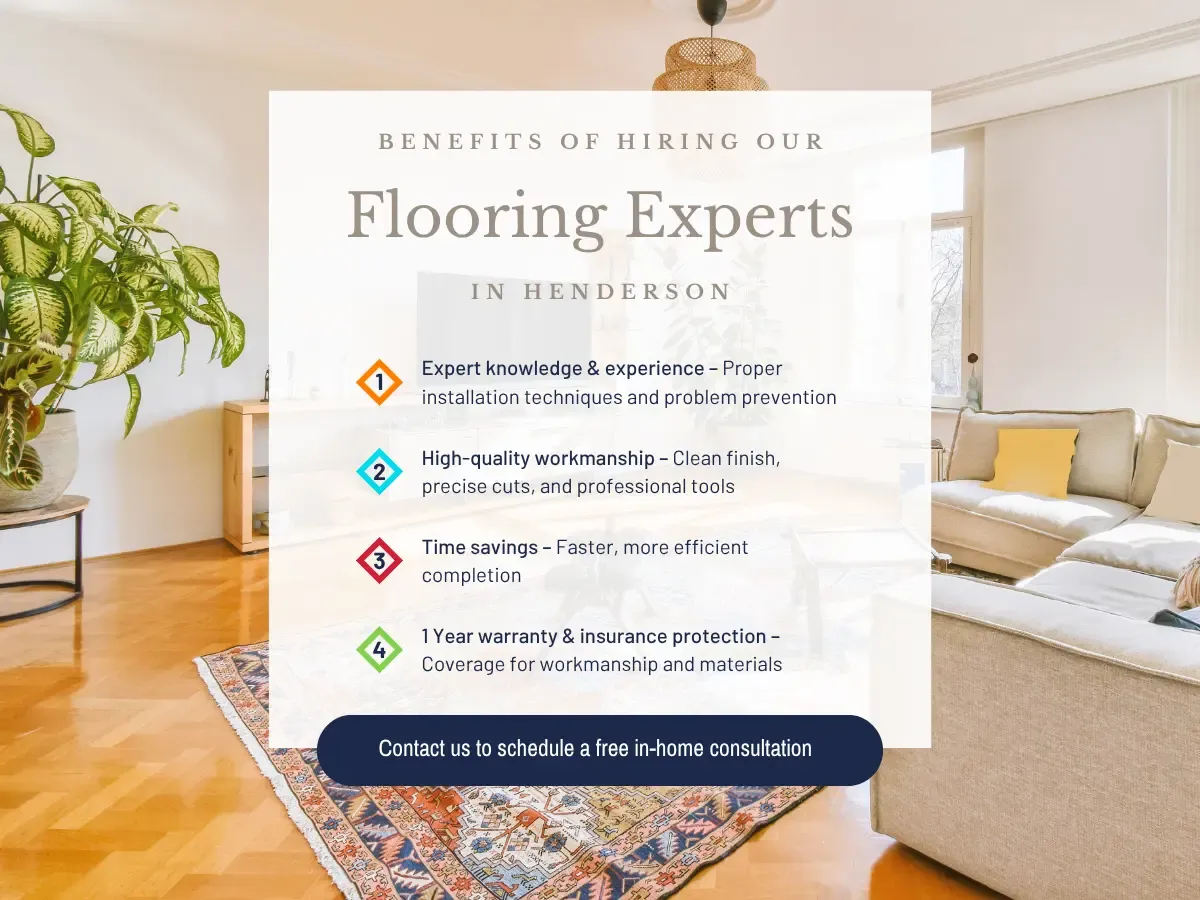 A flooring specialist demonstrating installation techniques to a client, surrounded by different flooring materials in a cozy setting.