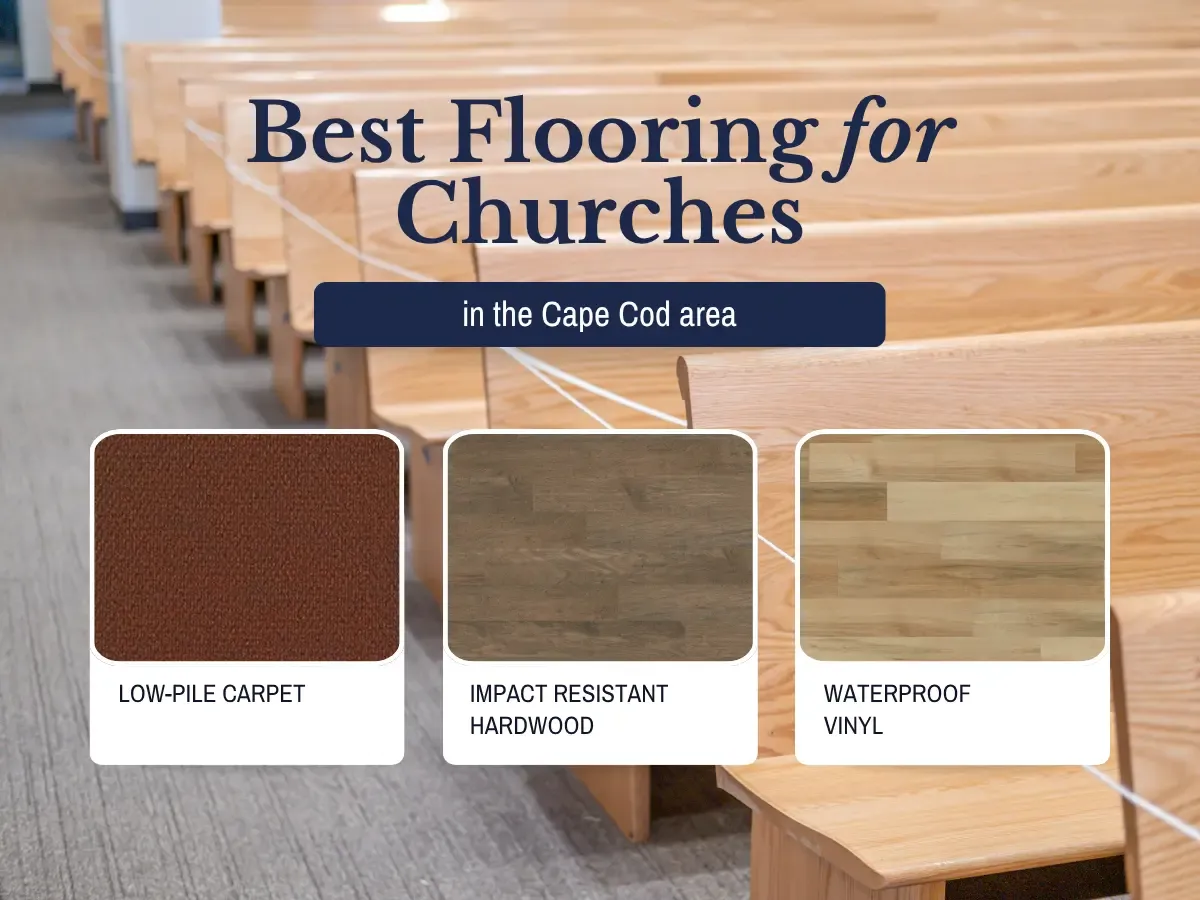 Display of different flooring materials ideal for churches in Cape Cod, highlighting their suitability for worship spaces.