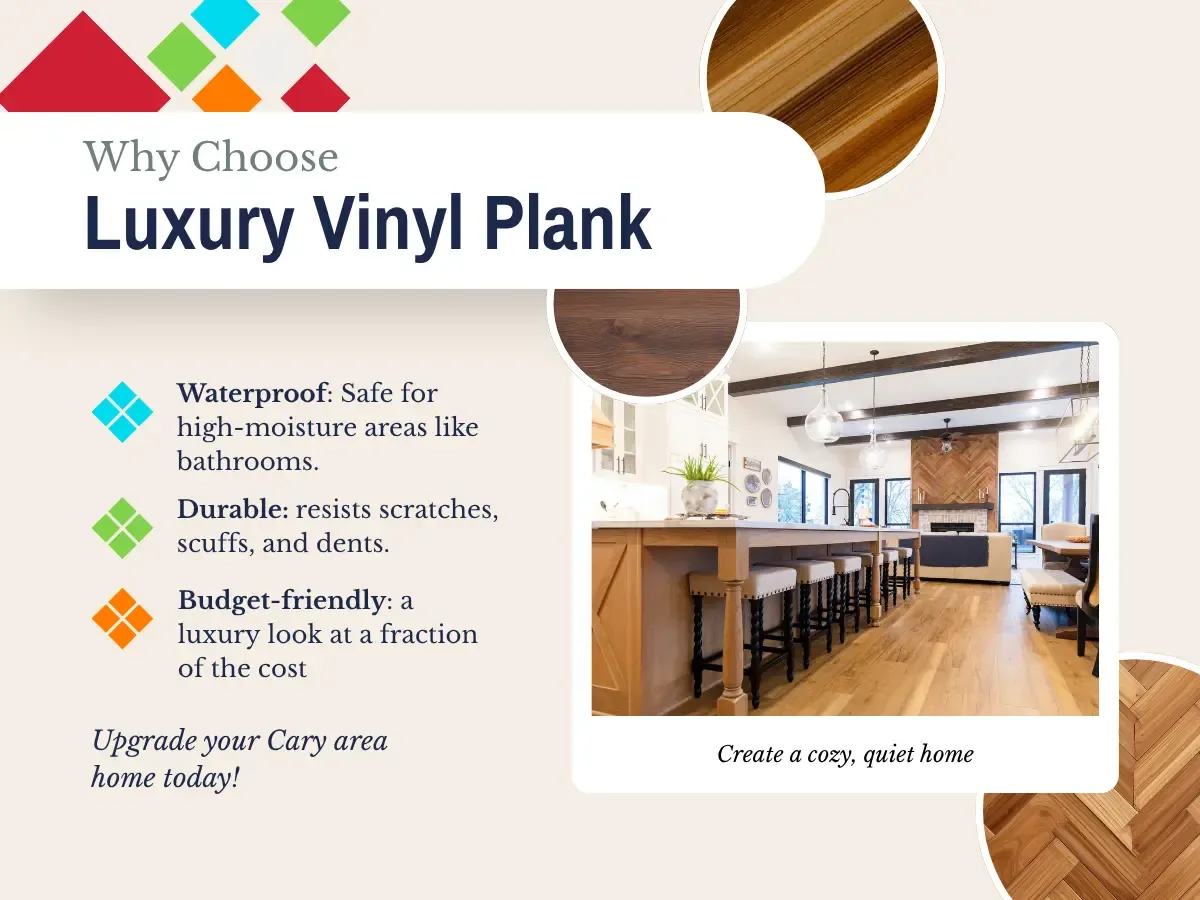 Close up of luxury vinyl plank flooring, highlighting its elegant design and resilience, ideal for modern living spaces.