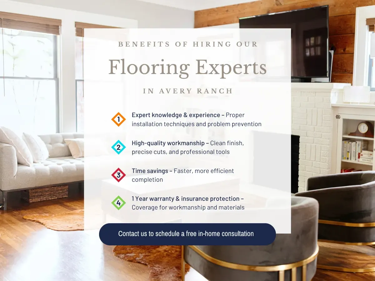 Infographic illustrating the benefits of hiring a flooring expert, including cost savings, quality installation, and design advice.
