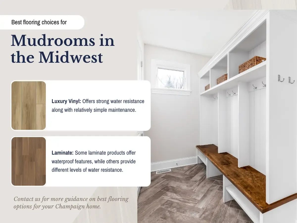 A functional midwest mudroom with wooden storage cubbies, a bench, and a rug, designed for practicality and comfort.