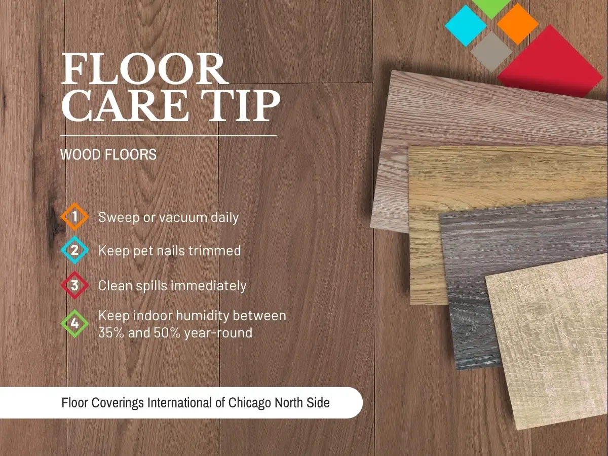  Infographic displaying essential tips for maintaining and caring for wood floors effectively.