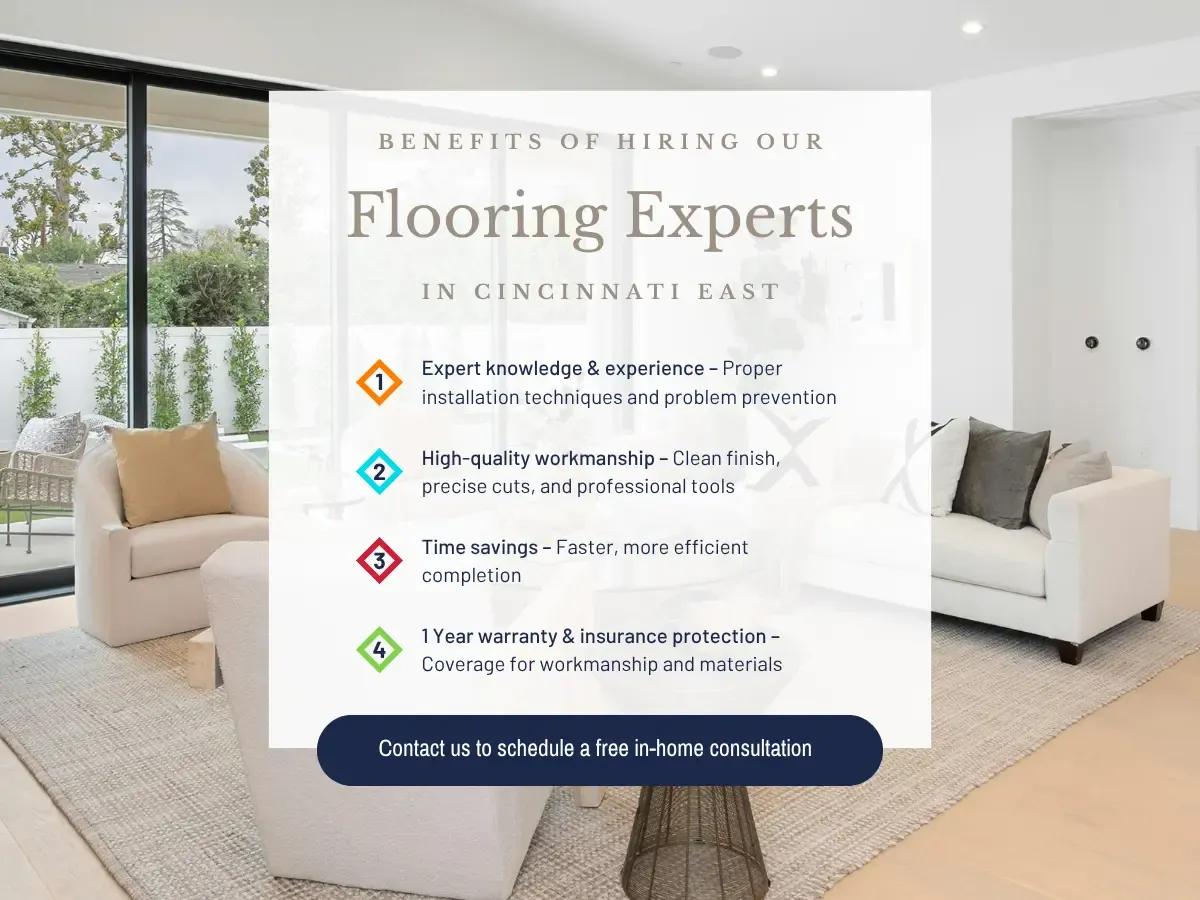 Flyer promoting a Cincinnati flooring company, featuring various flooring options and contact information.