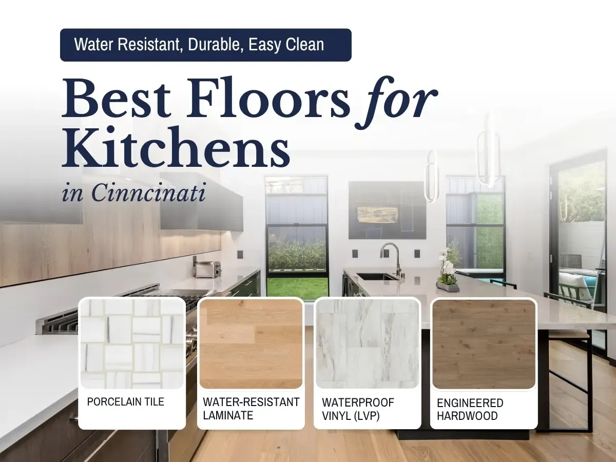 A collage of various kitchen flooring options suitable for Cincinnati, showcasing tile, hardwood, and vinyl styles.