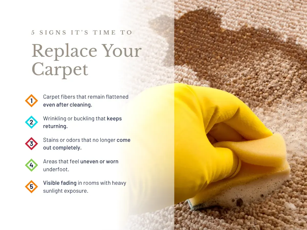 A person with yellow gloves actively cleaning a carpet, suggesting the need for regular maintenance and potential replacement.