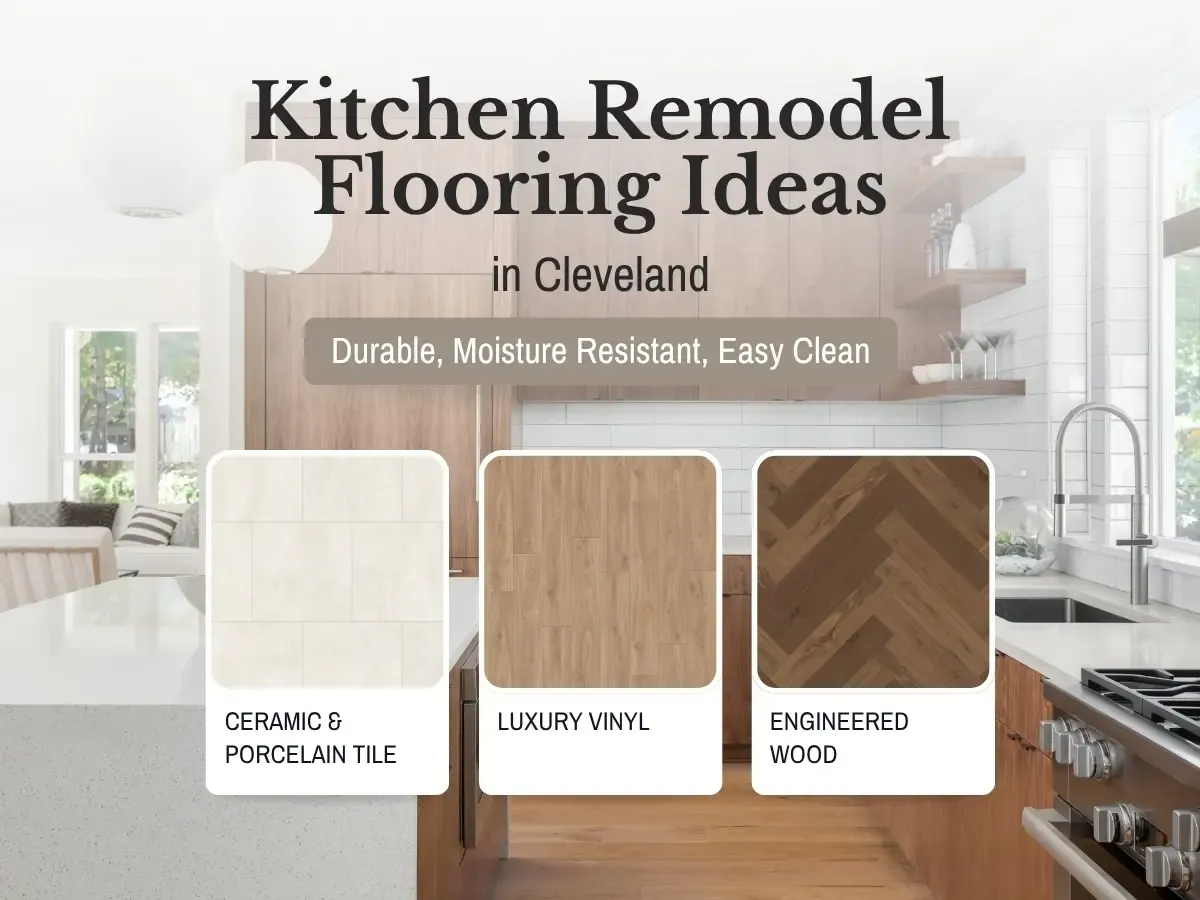 A selection of kitchen flooring samples displayed, featuring designs ideal for remodeling projects in Cleveland.