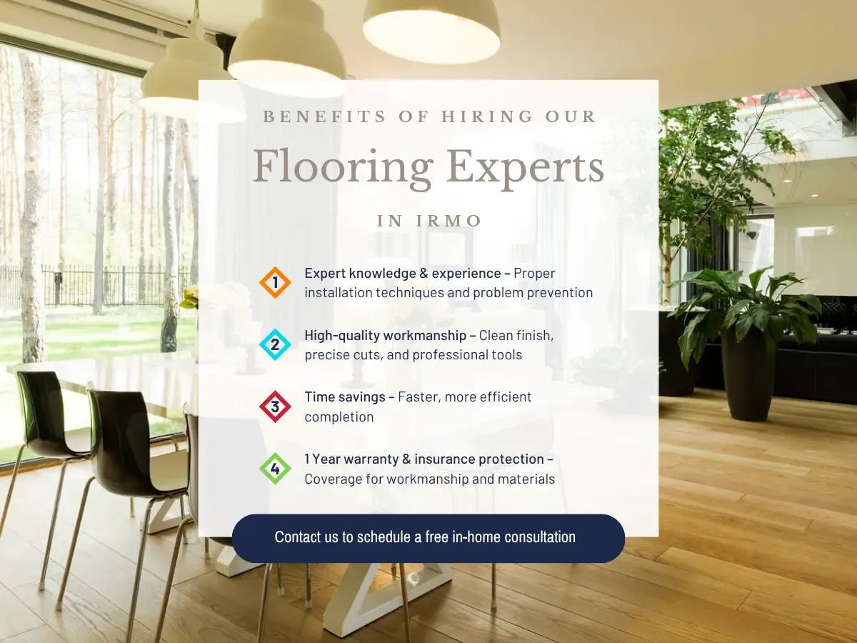 Visual showing key benefits of hiring flooring specialists in Tampa, focusing on quality work, efficiency, and customer care.