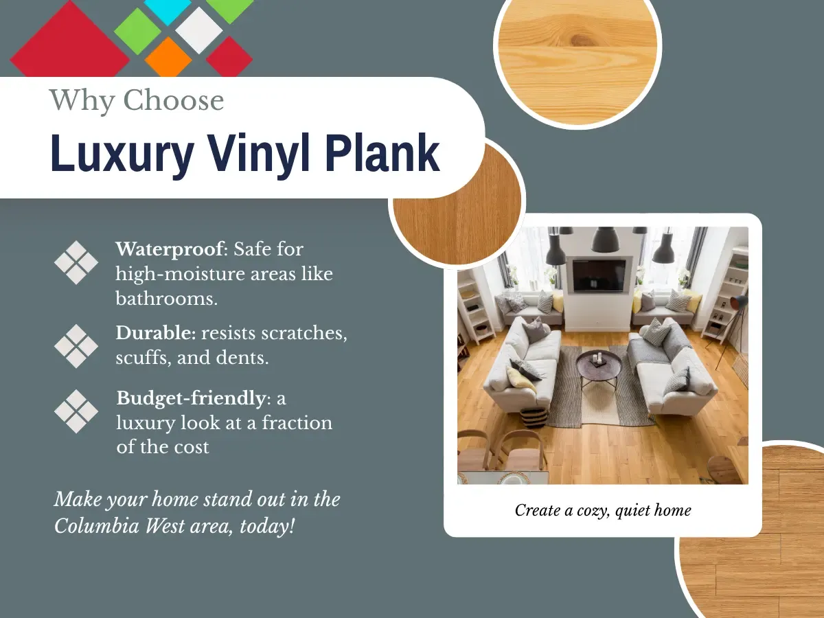 Luxury vinyl plank flooring displayed, showcasing its durability, style, and easy maintenance for modern homes.