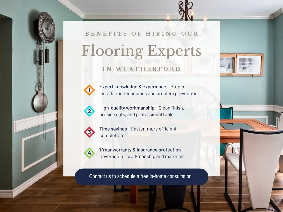 Visual representation of advantages of hiring Westbrook flooring specialists, emphasizing expertise, reliability, and service quality.