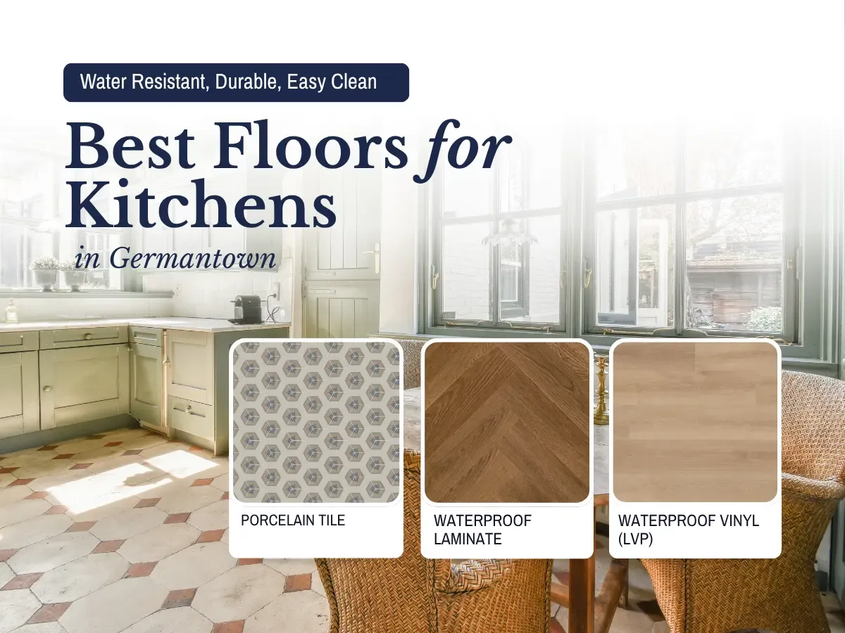 A modern kitchen showcasing various flooring options suitable for German homes, including tiles, wood, and vinyl.