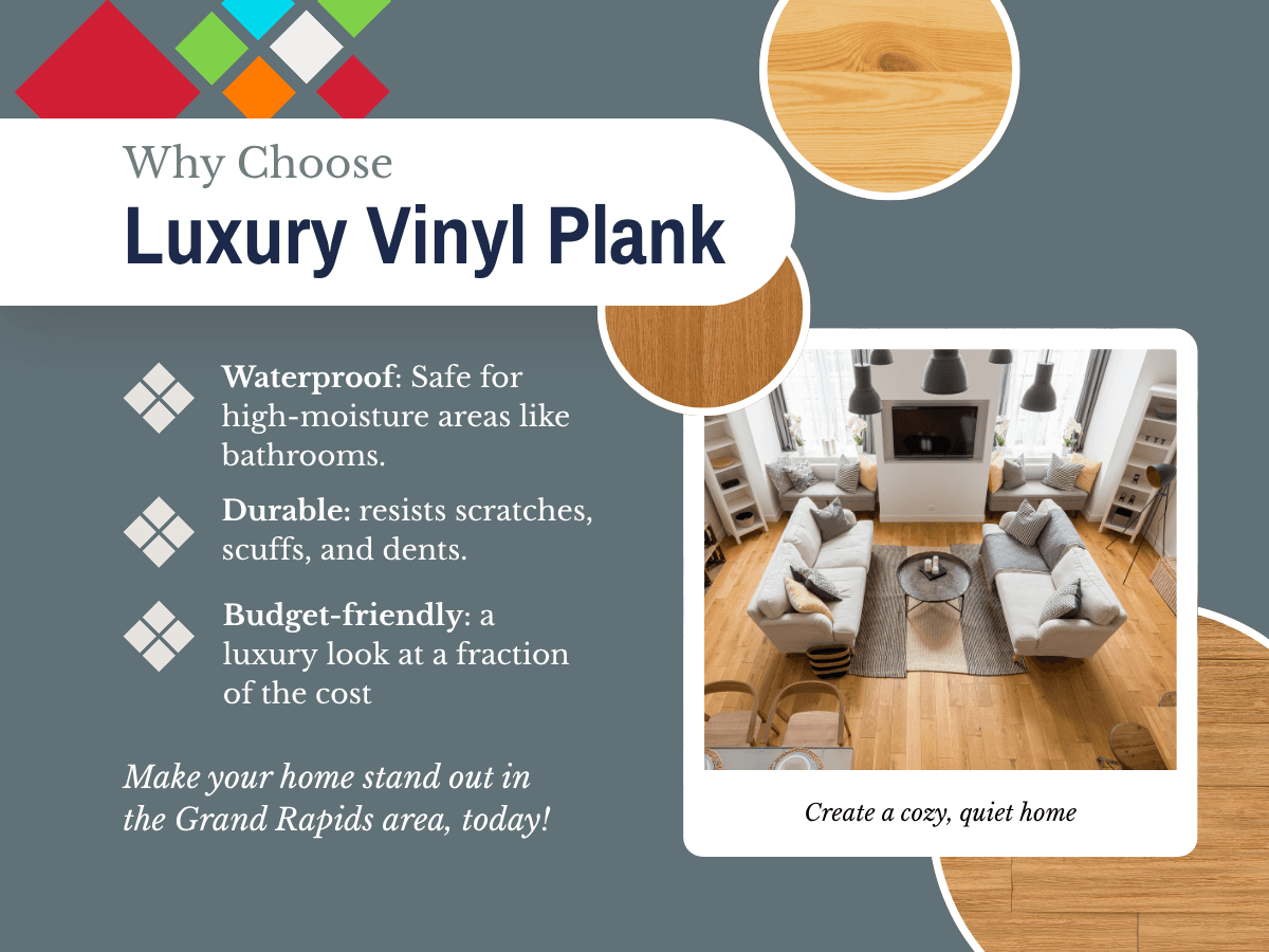 Close up of luxury vinyl plank flooring, highlighting its elegant design and resilience, ideal for modern living spaces.