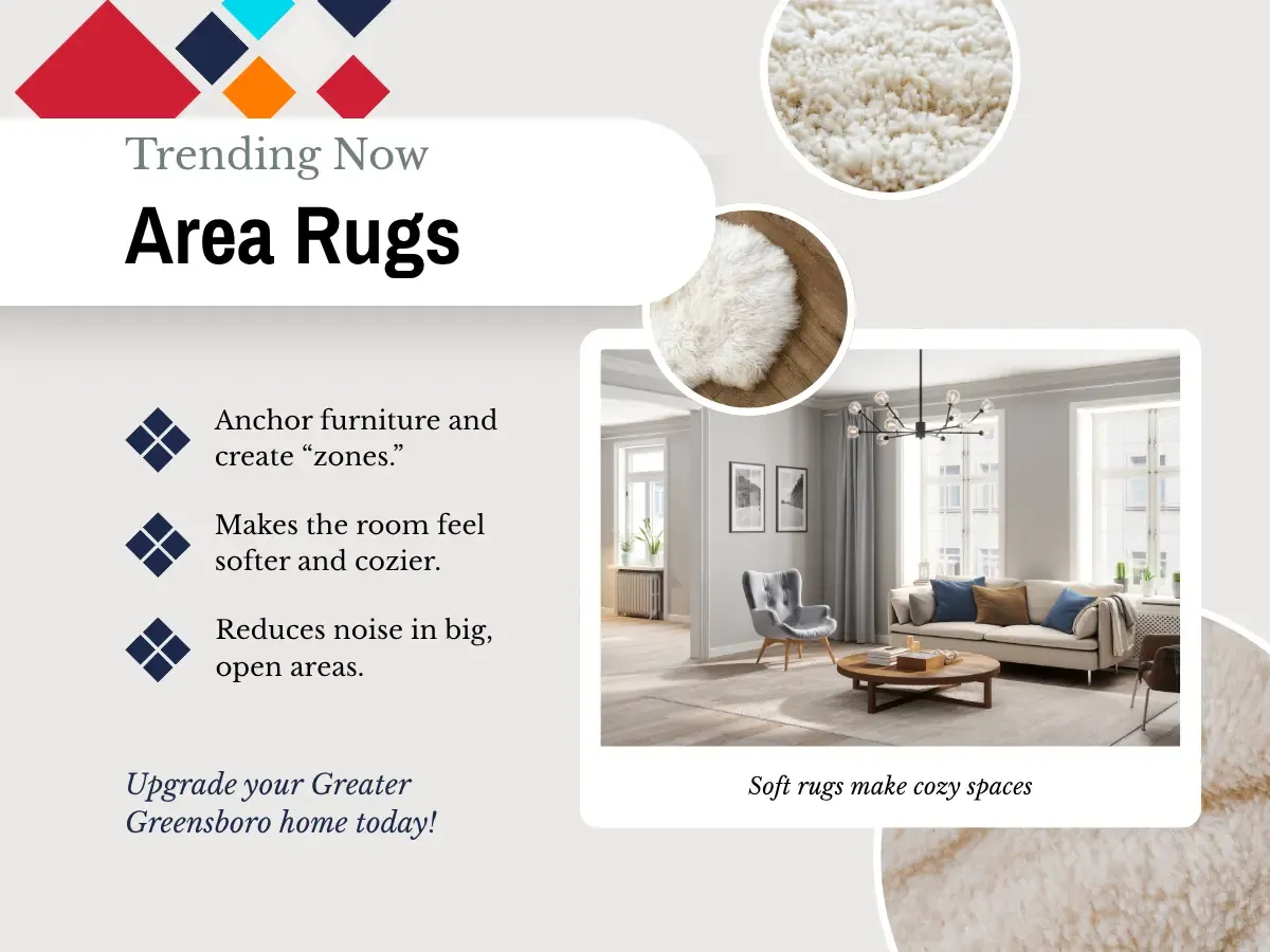 An area rug displayed prominently, highlighting its popularity and stylish patterns.