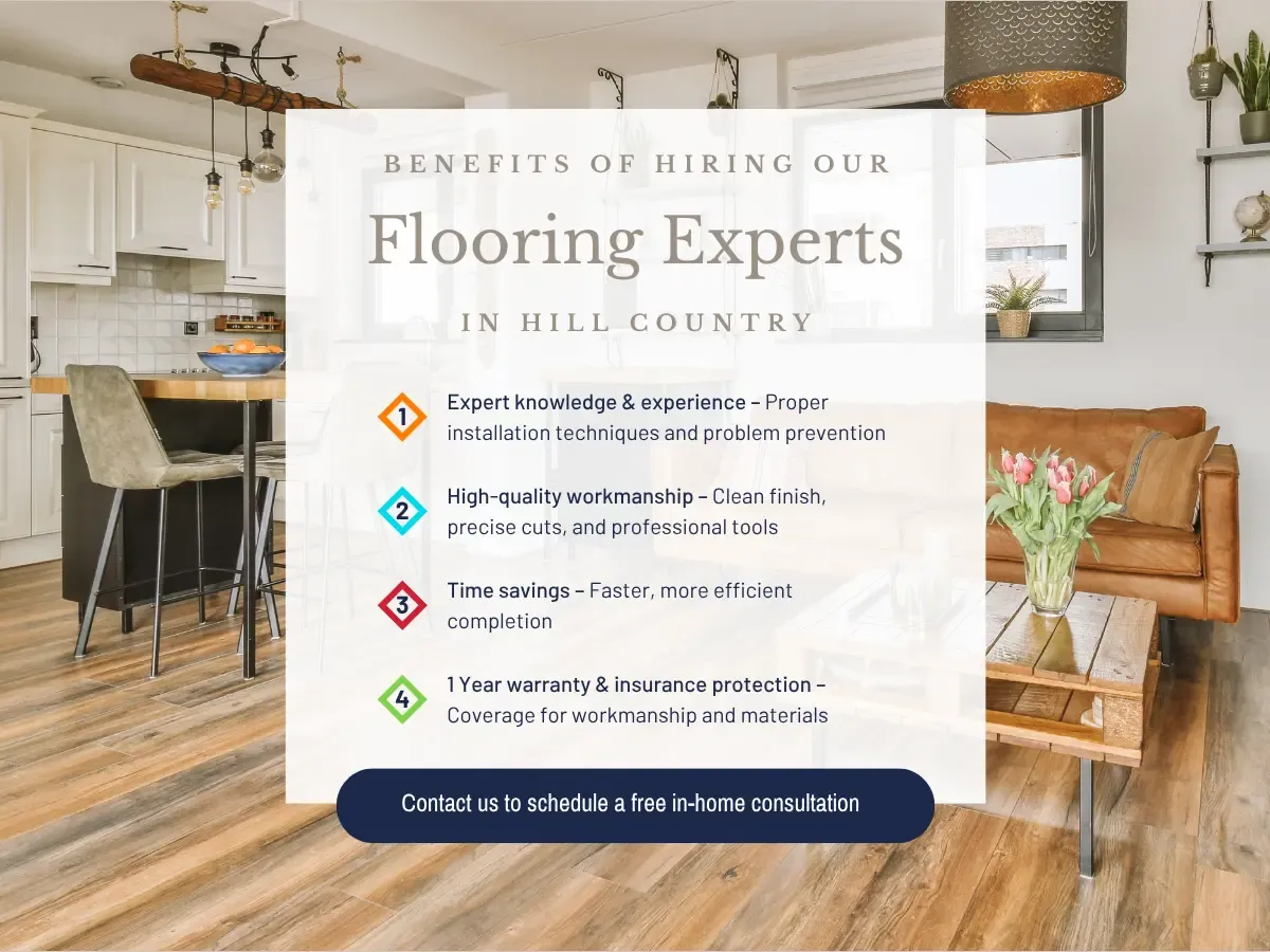 Flooring specialists examining samples in a Hill County store, showcasing various flooring options.