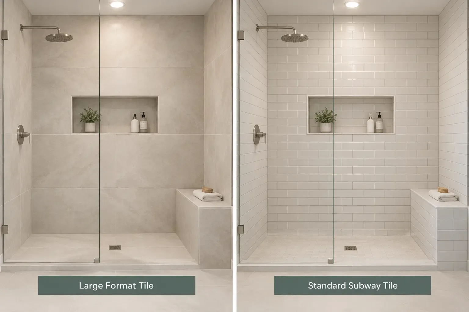 A side by side comparison showing the stylistic differences between a shower tiled with large format tiles and standard subway tiles.