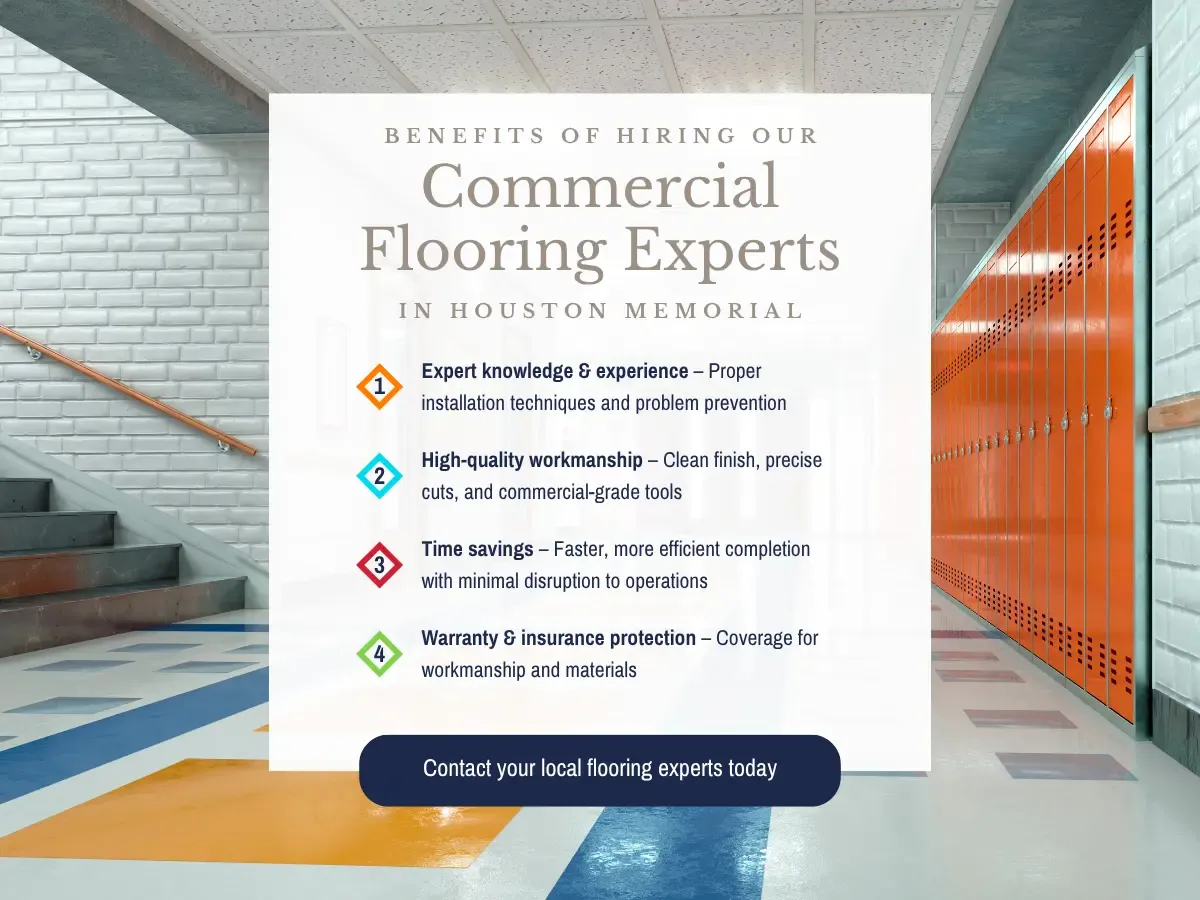 Team of commercial flooring experts in Houston Memorial discussing flooring options with clients in a showroom setting.
