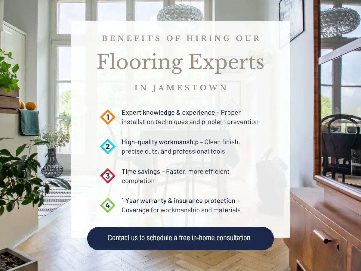 Flooring specialists in Jamestown examining samples and discussing options with a client in a professional setting.