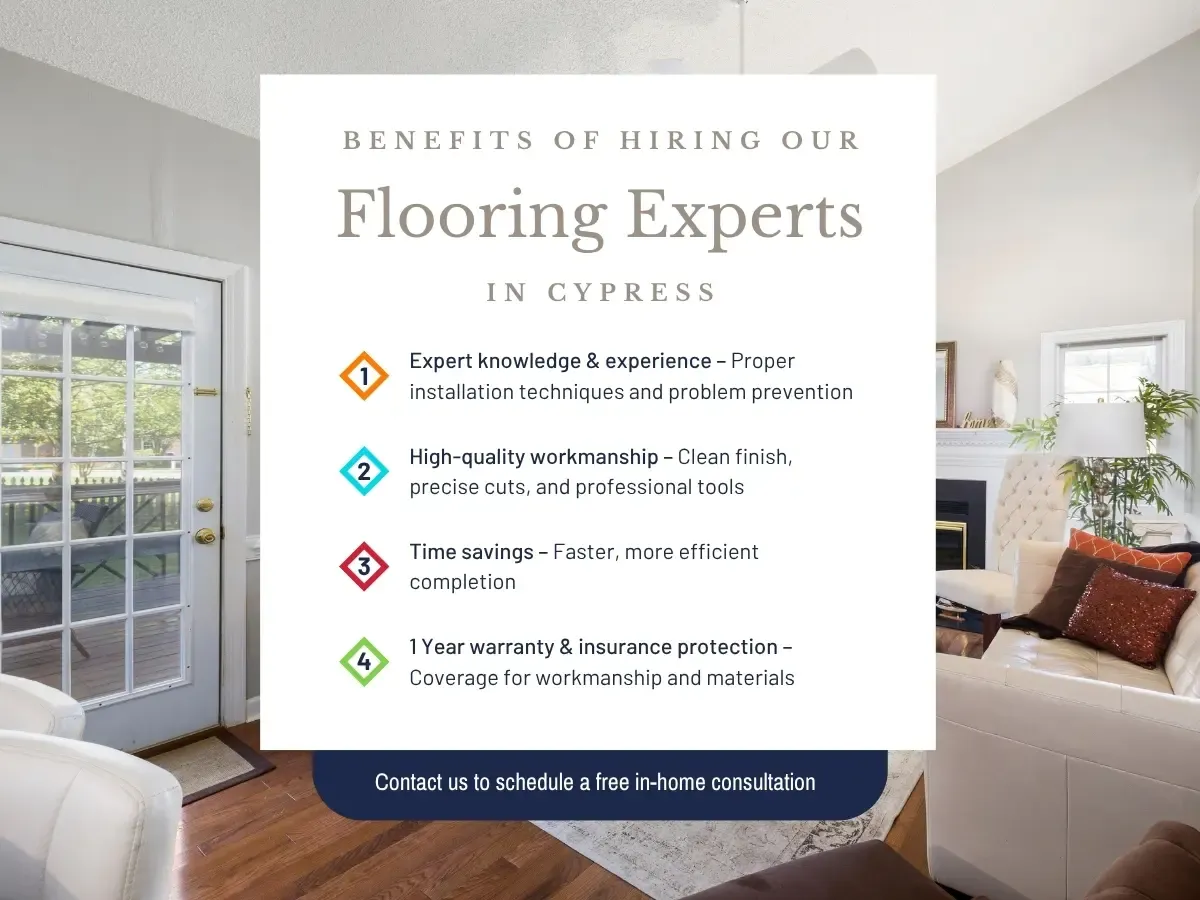 A flooring expert reviewing cypress flooring samples with a homeowner in a cozy, modern living space.