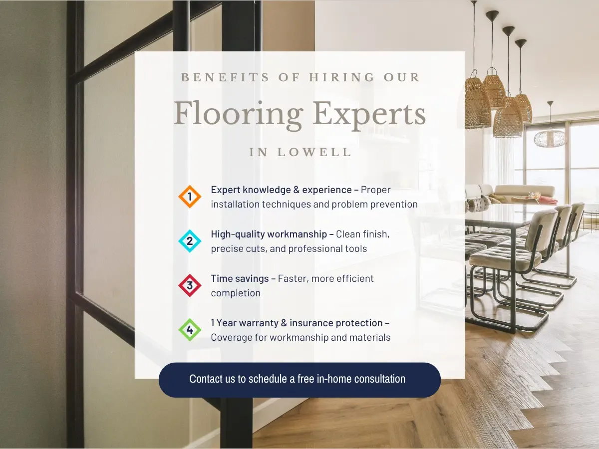 Flooring specialists in Lowell examining samples and planning installation for a residential flooring project.