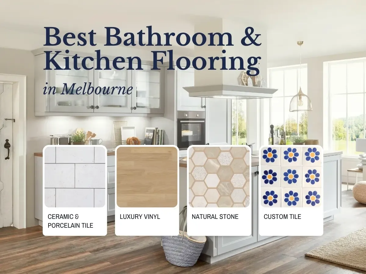 A selection of stylish flooring samples for bathrooms and kitchens, highlighting trends and materials popular in Melbourne.