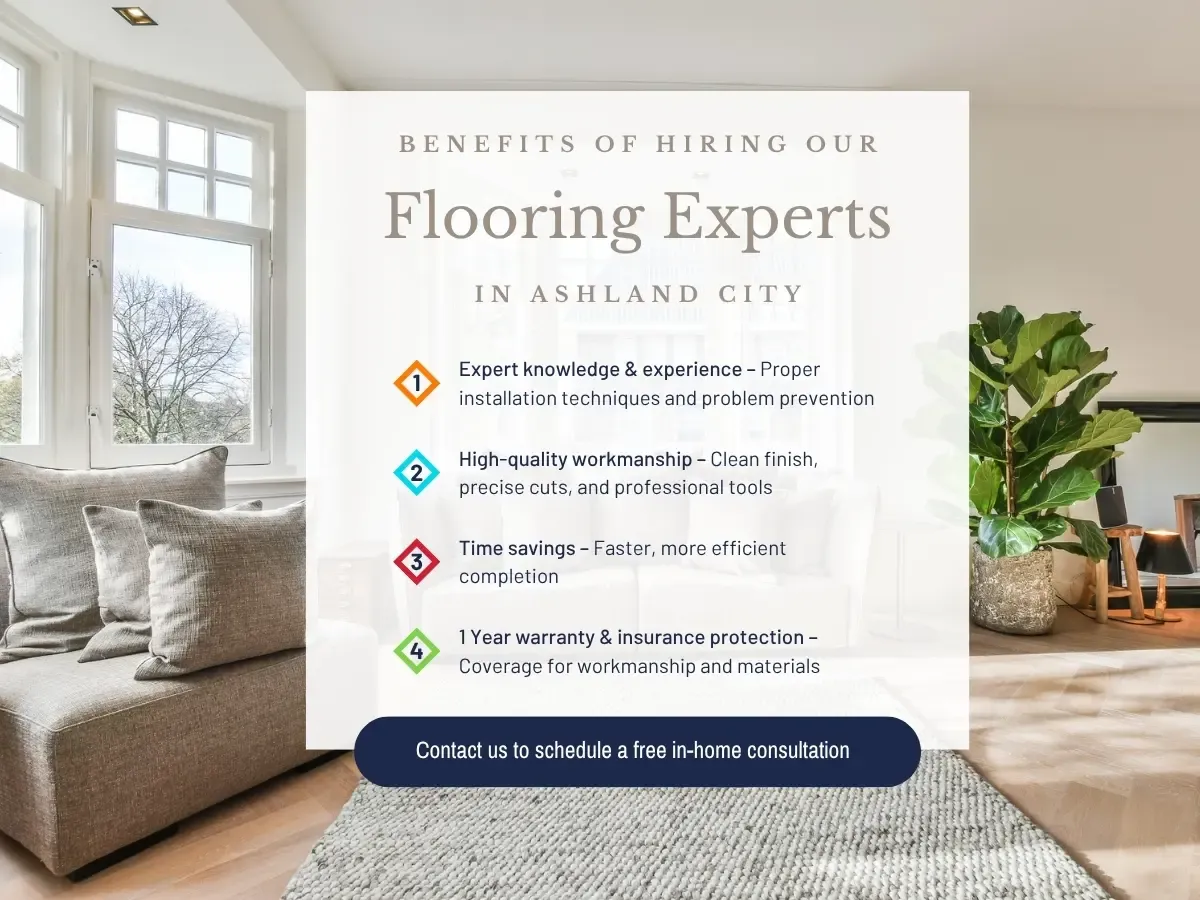 Visual representation of advantages of hiring a flooring expert in Alden City, emphasizing expertise, time savings, and durability.
