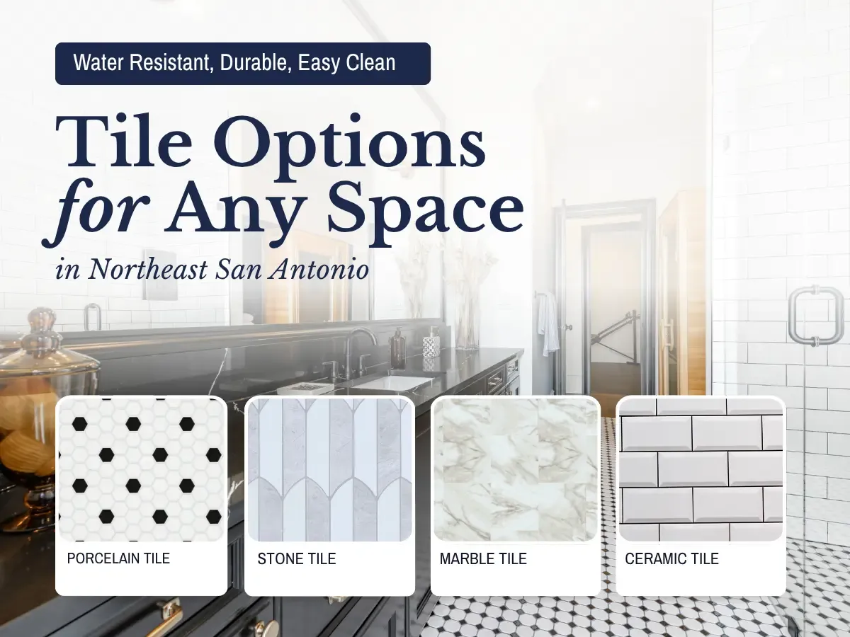 An assortment of tile samples for home and commercial spaces, featuring diverse styles and finishes in northwest San Antonio.