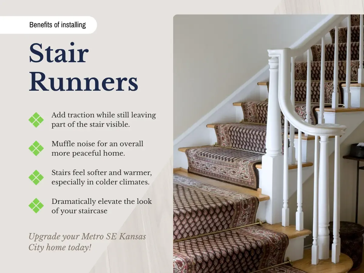 A stair runner displayed prominently, featuring the text "stair runners" in a stylish font