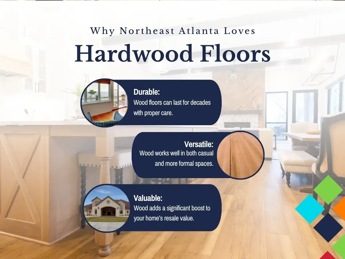 A spacious living room featuring polished hardwood floors, enhancing the warm and inviting atmosphere of the space.