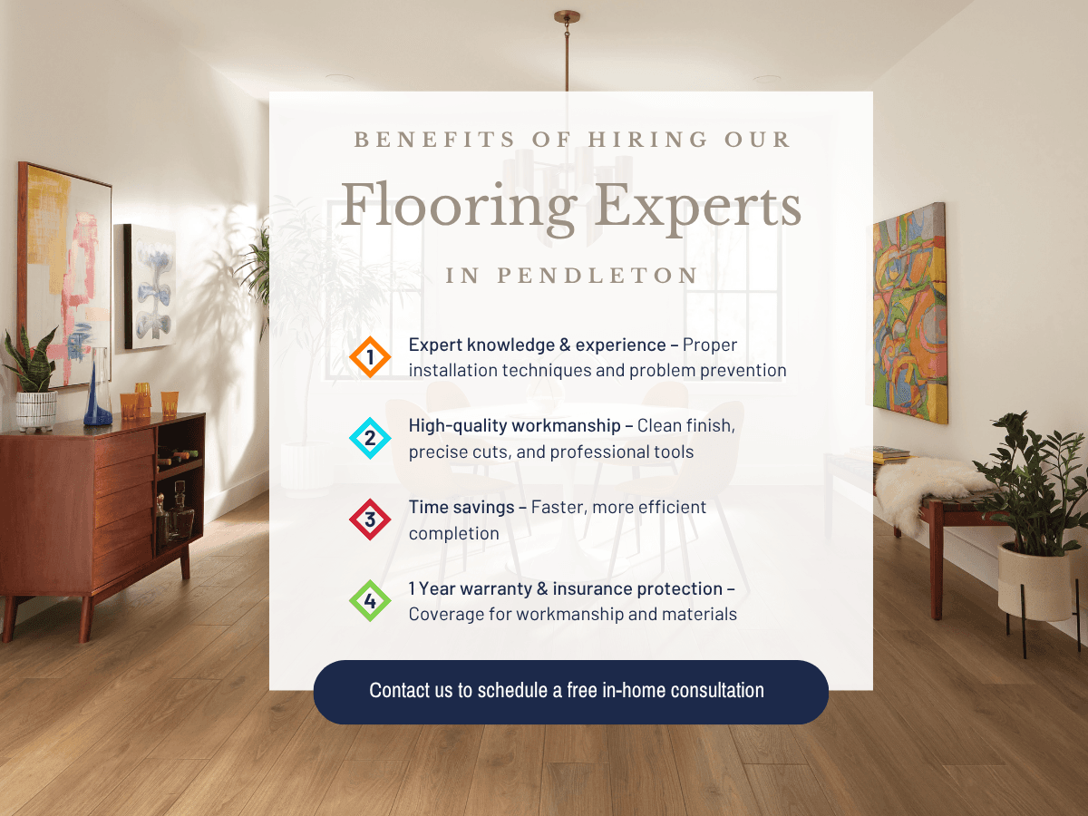 Visual representation of benefits associated with hiring a flooring expert, emphasizing expertise, time savings, and professional results.