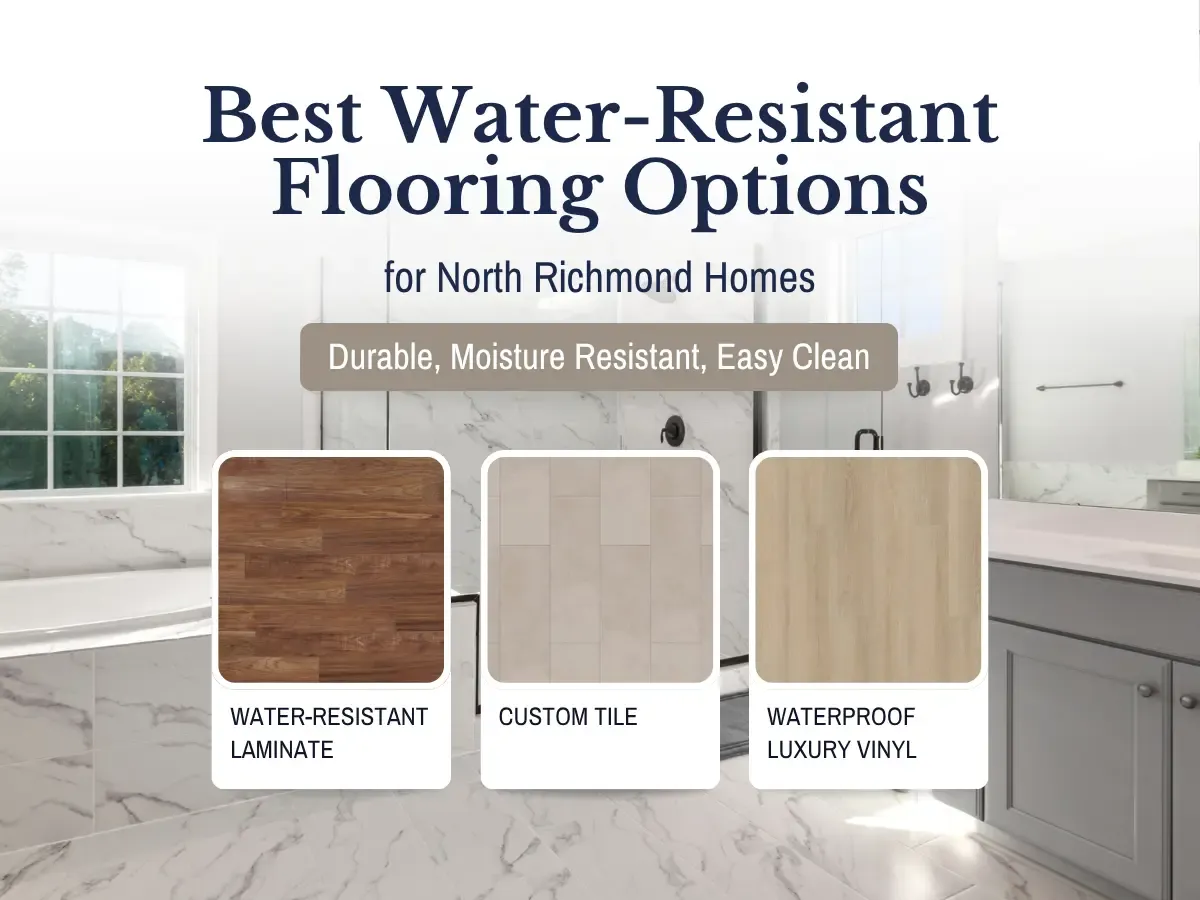 A collage showcasing various water resistant flooring options suitable for homes in Richmond, including tiles and vinyl.