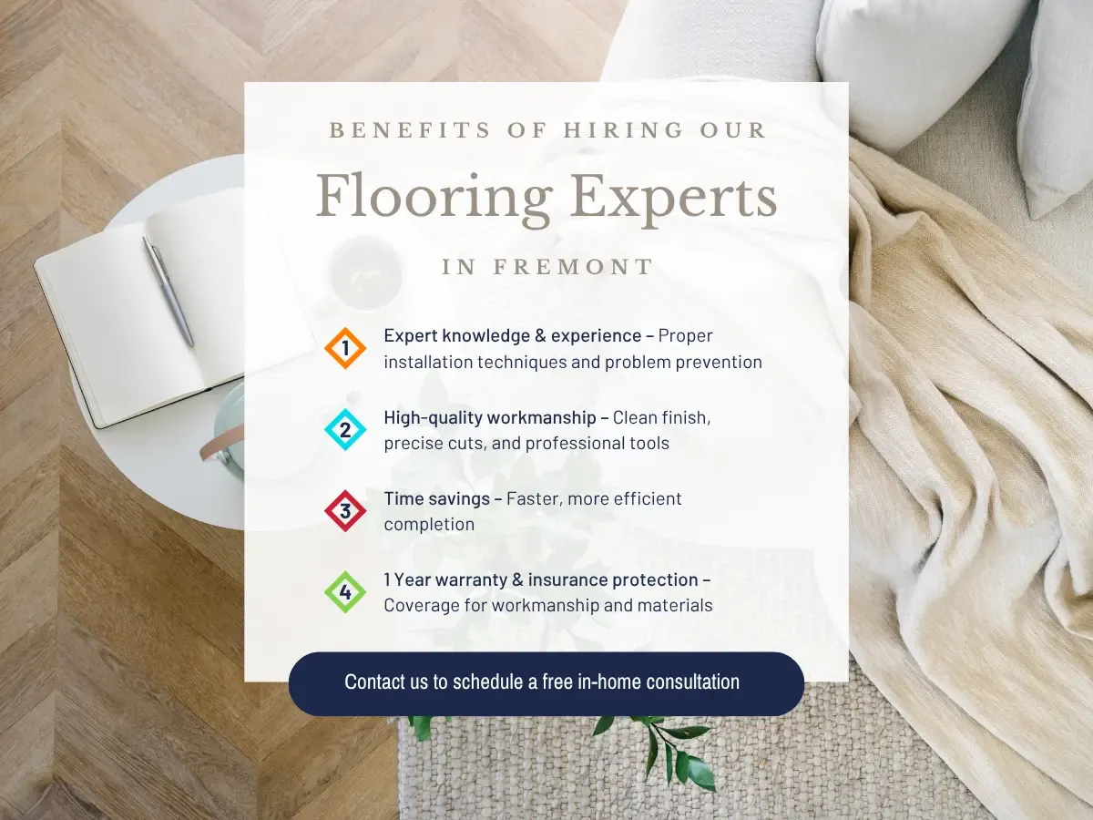 Visual representation of advantages of hiring flooring specialists in Fremont, emphasizing expertise, reliability, and service quality.