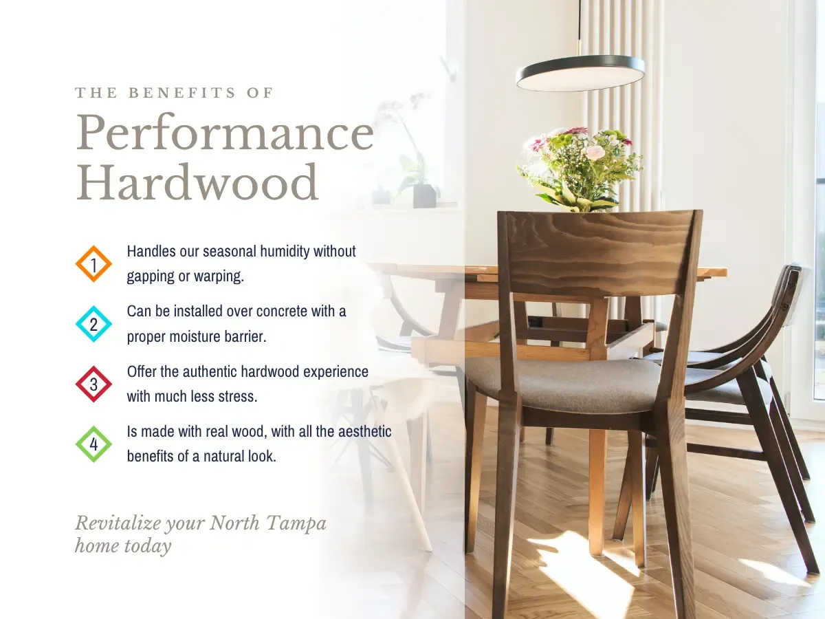 Diagram illustrating the key benefits of performance hardwood, emphasizing longevity, style options, and environmental impact.