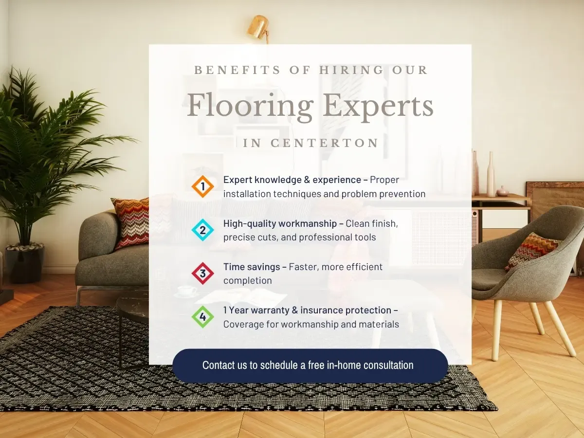Visual representation of the benefits provided by flooring specialists in Centerton, including quality and expertise.
