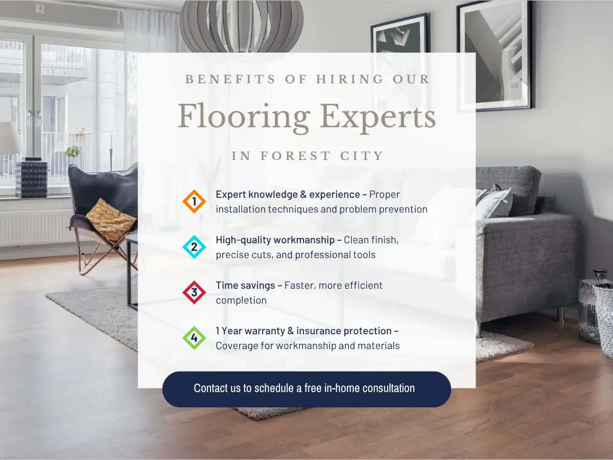 Visual representation of advantages of hiring a flooring expert in Forest City, emphasizing expertise, time savings, and professional results.