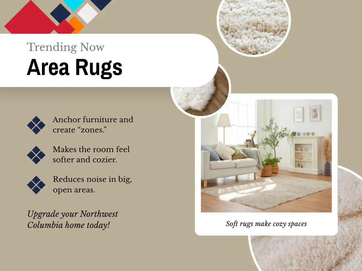  Multiple area rugs arranged in a cozy living space, highlighting diverse designs suitable for home decoration.