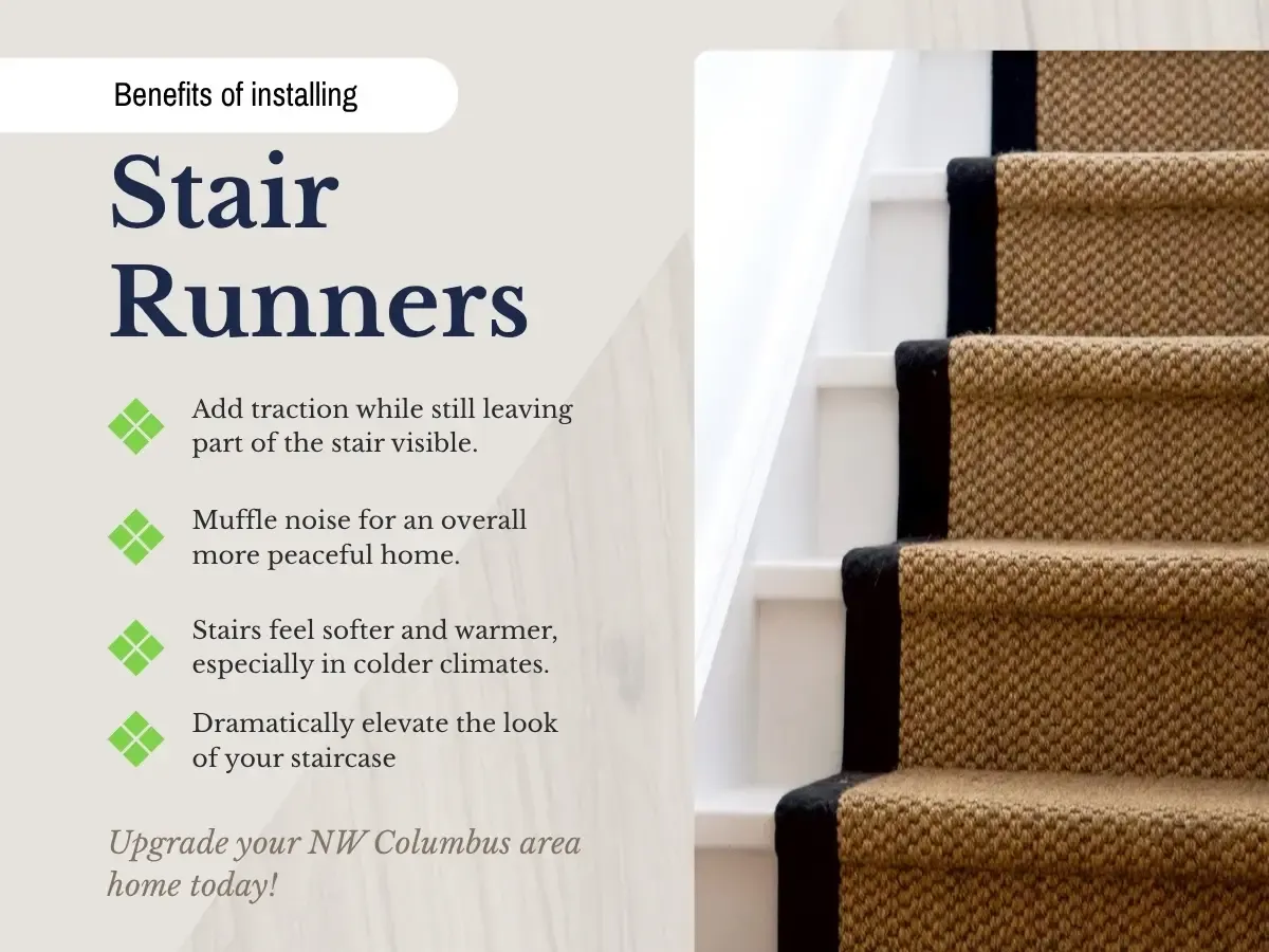A beautifully designed stair runner enhances safety and aesthetics, providing comfort and style to staircases in Columbus homes.