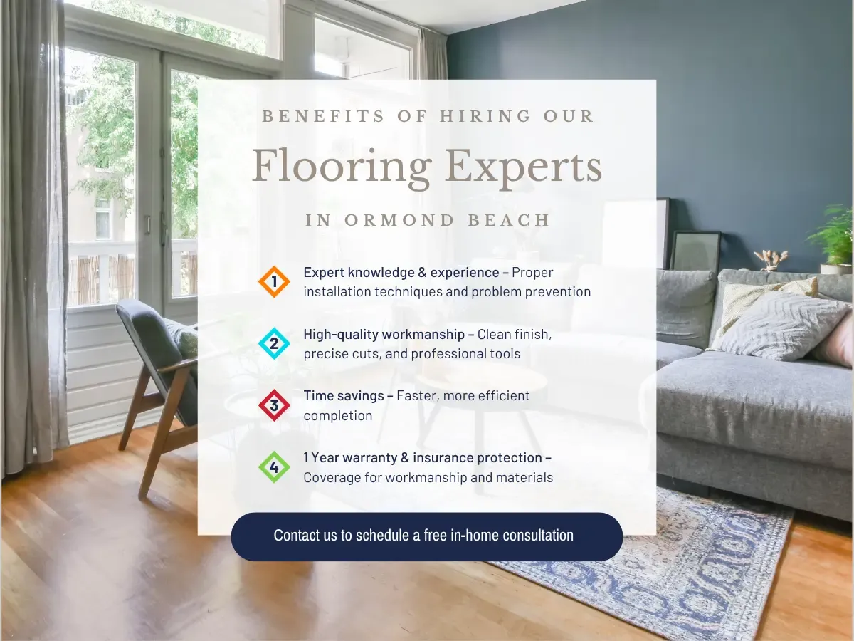 A team of flooring experts discussing options in a showroom at Ormond Beach, showcasing various flooring samples.
