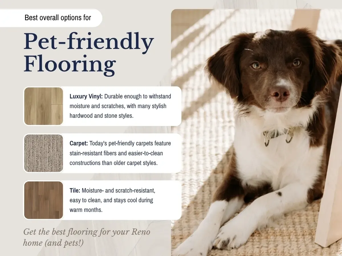 A selection of high traffic, pet friendly flooring materials, emphasizing durability and style, located in Reno, NV.