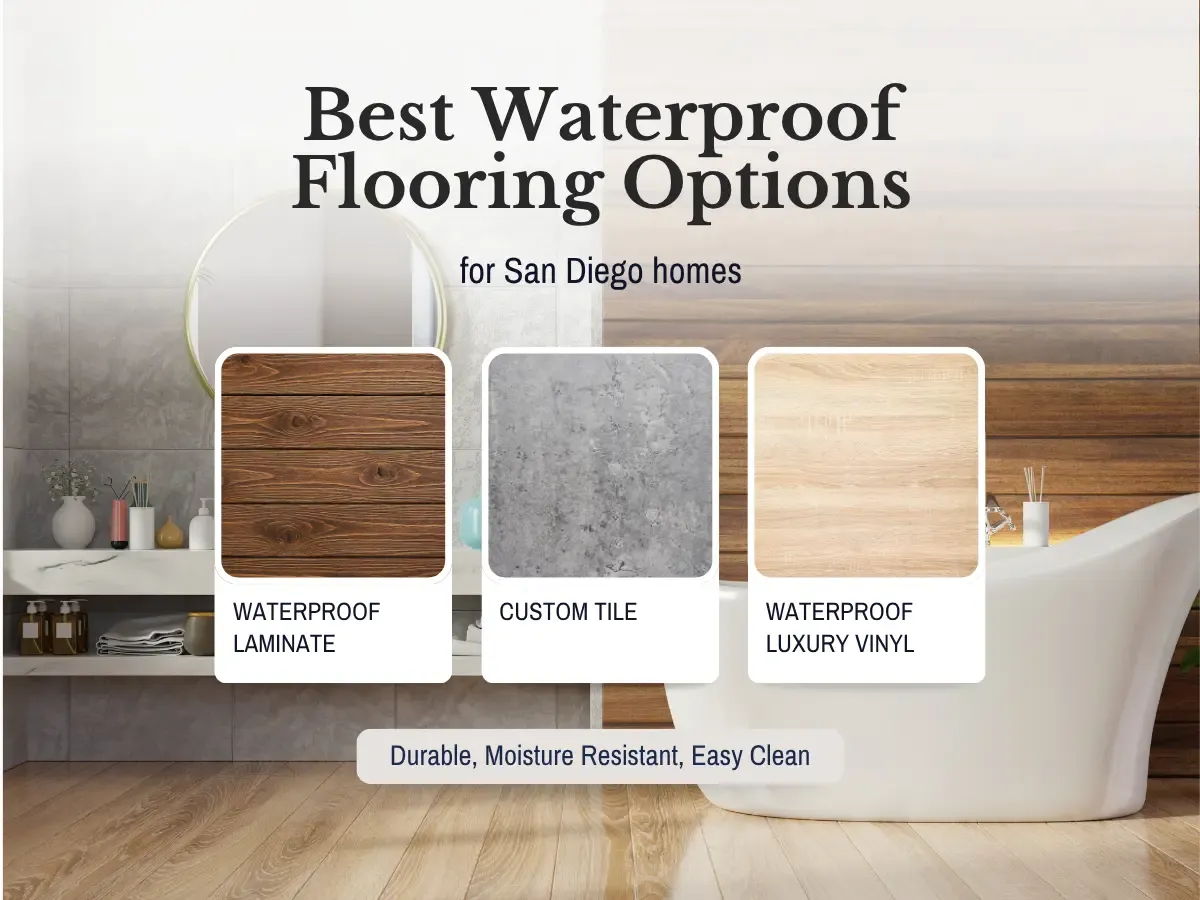 Display of different waterproof flooring materials ideal for San Diego residences, featuring samples of tiles, vinyl, and wood.